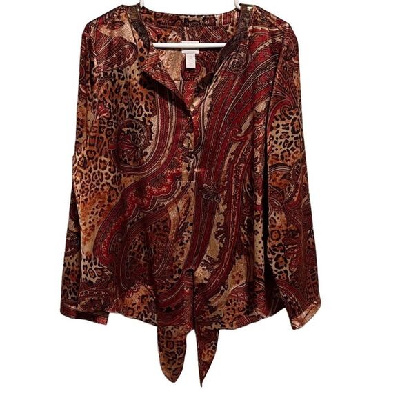 Chico's- Silky Paisley Cheetah Tie Waist Button Front Popover, Size 2= Large - Picture 1 of 11